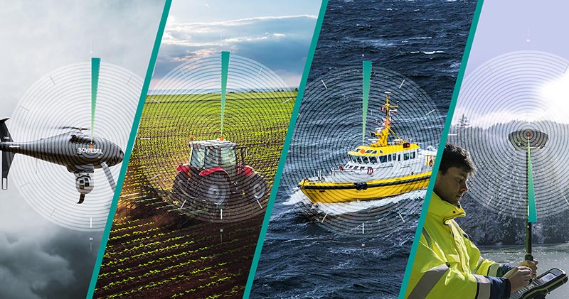 A collage of a helicopter, a tractor, a marine vessel and a surveyor all using GNSS corrections services.