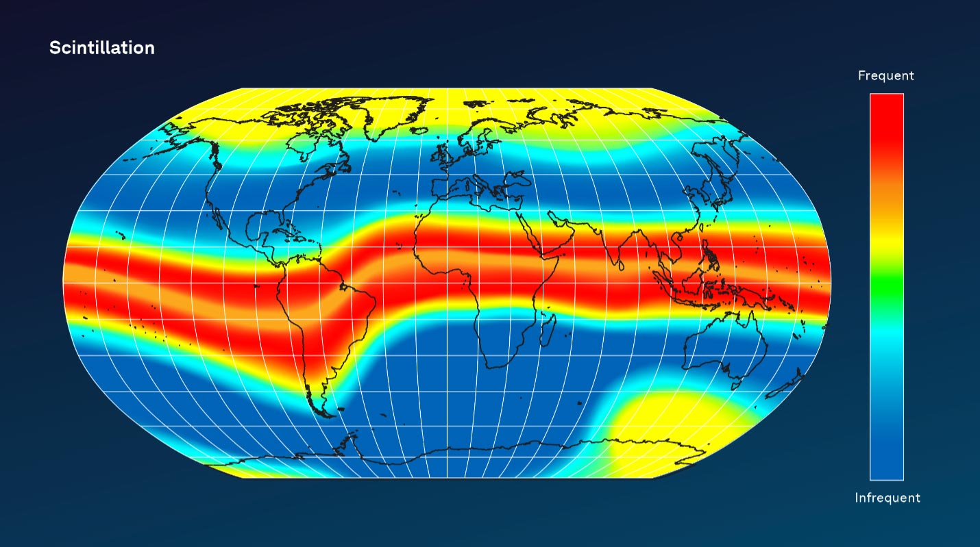 Scintillation map showing the frequency of disturbances at solar maximum.