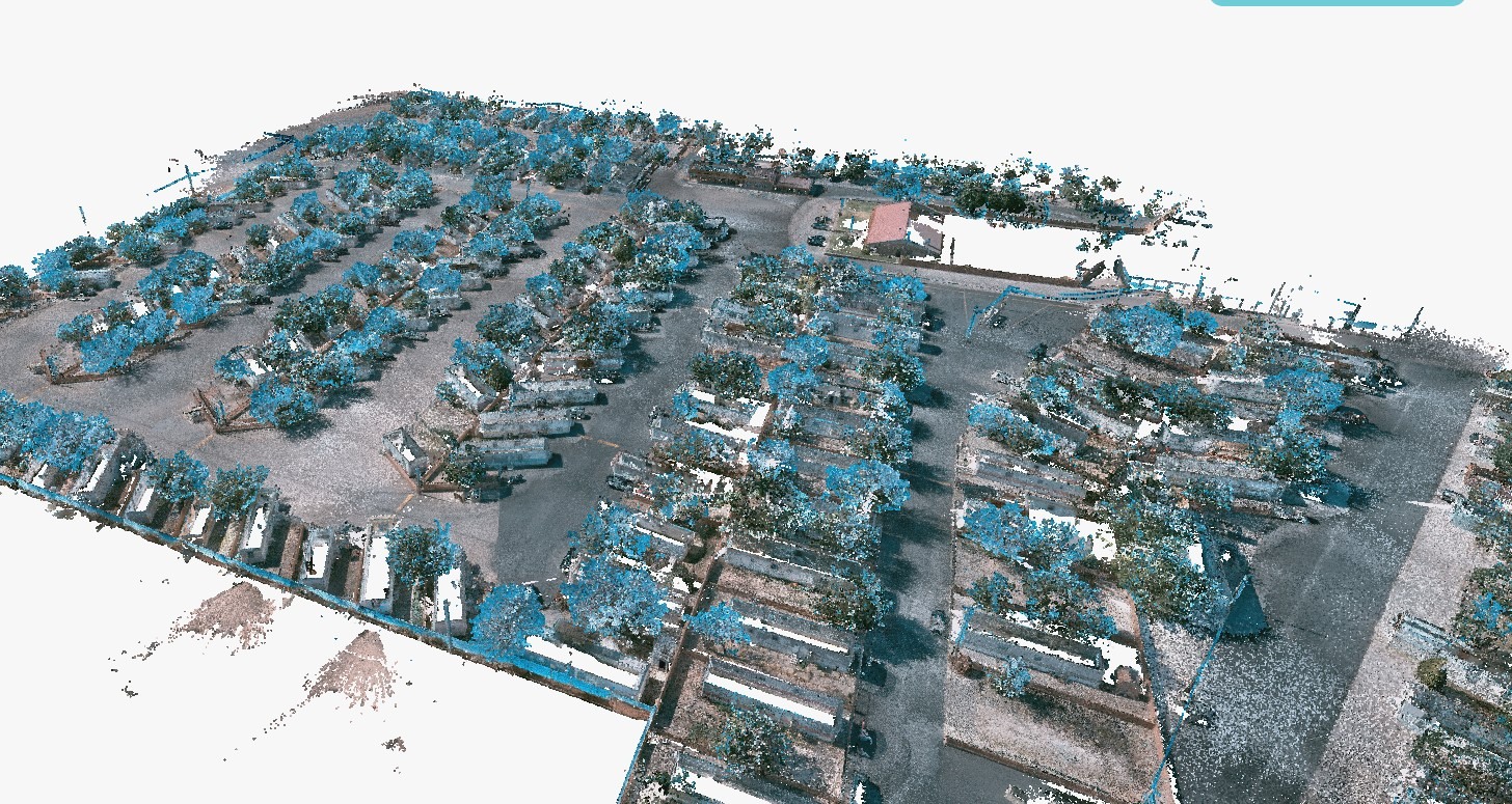 Point cloud image of site surveyed using the Looq platform (cameras+GNSS+IMU) and AI processing.