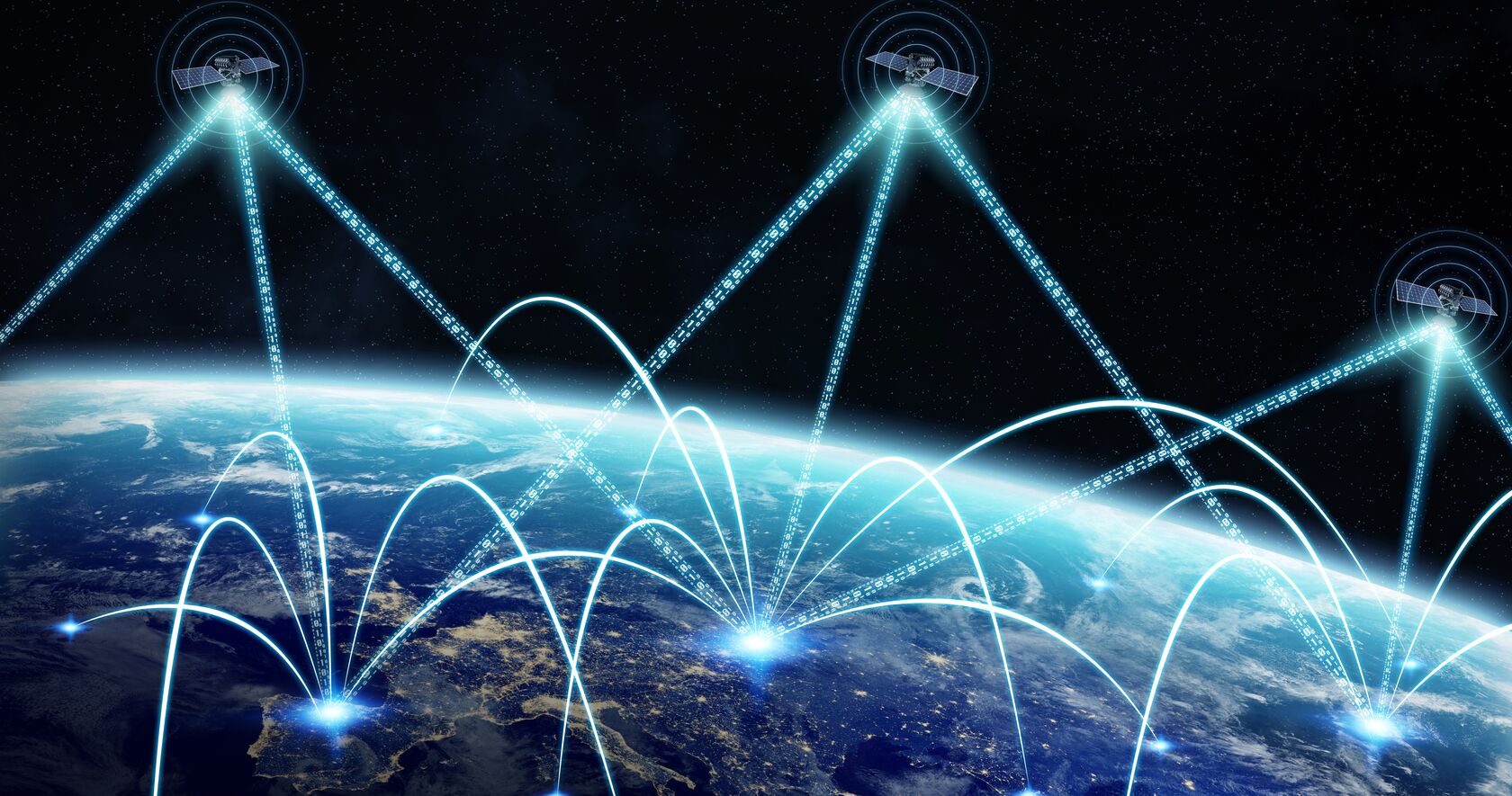 View of Earth from space with orbiting satellites and bright blue lines connecting to various points on earth
